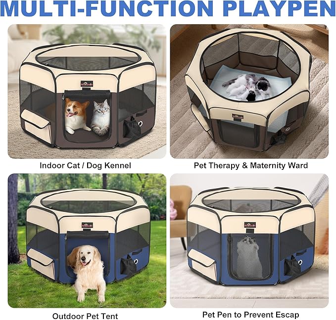 Dog Playpen, Cat Playpen - Foldable Pet Playpen with Carrying Case, Portable Pet Tent for Indoor/Outdoor Use | Water Resistant | Removable Shade Cover - (Blue, Medium)