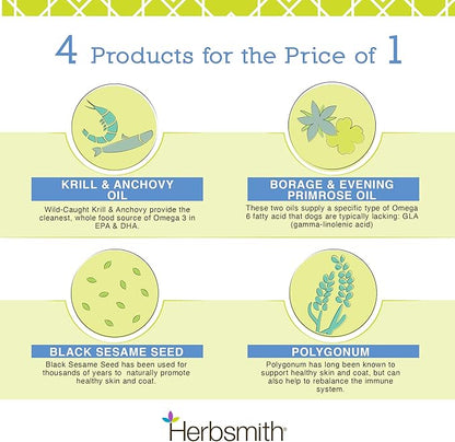 Herbsmith Glimmer - Dog Healthy Skin and Coat + Dog Treatment for Dry Itchy Skin - Omega-3 Supplement for Dogs - 60ct Large Chews