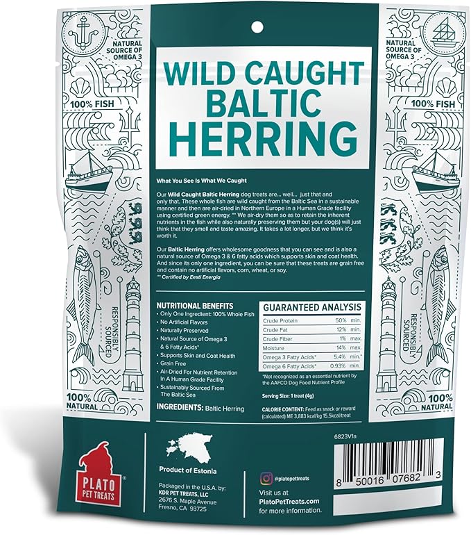 PLATO Pet Treats Air Dried Dog Treats Baltic Herring Dog Treat, Real Fish, Grain-Free, Baltic Herring, All Natural, Single Ingredient Fish, 8.5oz