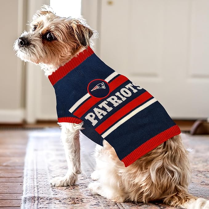 NFL New England Patriots Dog Sweater, Size Small. Warm and Cozy Knit Pet Sweater with NFL Team Logo, Best Puppy Sweater for Large and Small Dogs