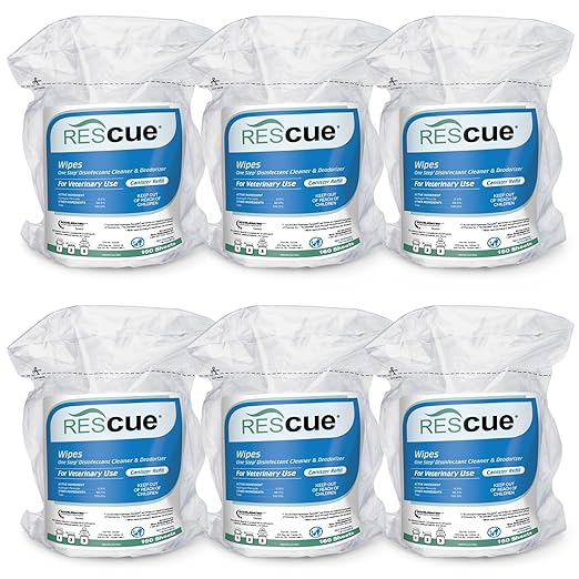 REScue One-Step Disinfectant Cleaner & Deodorizer Wipes for Vet Use – Cleaner for Kennels, Litter Boxes & More – 160-Wipe Canister Refill (6 pack)