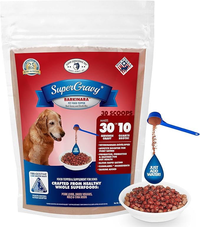 SuperGravy BARKinara - Natural Dog Food Gravy Topper - Hydration Broth Food Mix - Human Grade – Kibble Seasoning for Picky Eaters – Gluten Free & Grain Free, 14 Scoops, 01089, red