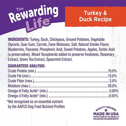 Wellness Rewarding Life Grain-Free Soft Dog Treats, Made in USA with Healthy Ingredients, Ideal for Training (Turkey & Duck Recipe, 6-Ounce Bag)