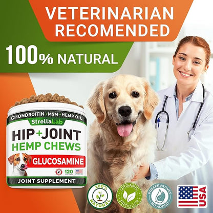 Advanced Hemp + Glucosamine Dog Joint Supplement - Hip Joint Pain Relief - Mobility Hemp Chews for Dogs - Chondroitin, MSM, Omega - Hemp Oil Treats - Made in USA - Lamb Flavor - 120 Hemp Treats