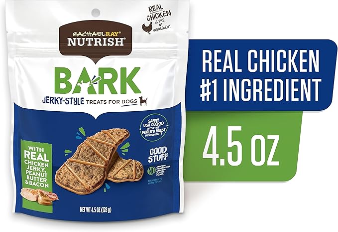 Nutrish Rachael Ray Bark Jerky-Style Dog Treats with Real Chicken Jerky, Peanut Butter & Bacon, 4.5 Ounce (Pack of 5)