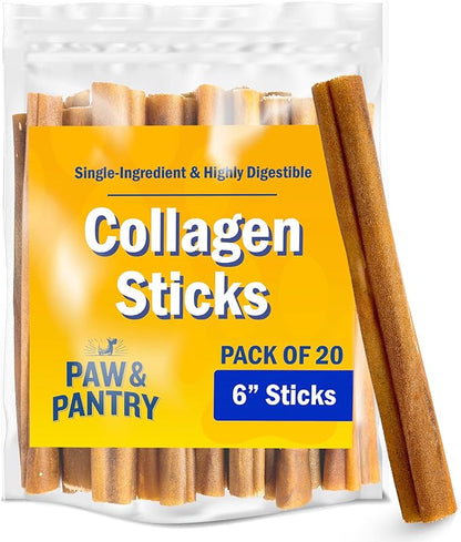 Paw & Pantry 6" Beef Collagen Sticks for Dogs (20 Pk) - Rawhide Free All Natural Collagen Chews for Dogs - Long Lasting Dog Collagen Sticks - Dog Treats Promote Hip, Joint, Skin, Coat, & Dental Health