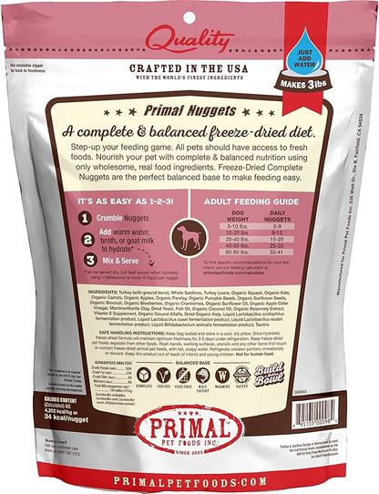Primal Freeze Dried Dog Food Nuggets, Turkey & Sardine; Complete & Balanced Meal; Also Use as Topper or Treat; Premium, Healthy, Grain Free, High Protein Raw Dog Food, 14 oz