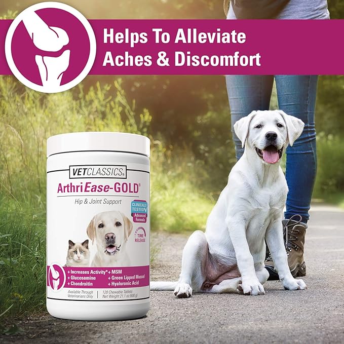 Vet Classics ArthriEase-Gold Hip & Joint Support for Dogs, Cats, Horses – Chewable Tablet Health Supplement – Alleviate Aches, Discomfort – for Flexibility, Healthy Joint – Antioxidant - 120 Ct