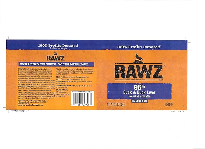 Rawz 96% Meat Canned Wet Food for Dogs 12 Pack/ 12.5 oz. Cans (Duck/Duck Liver)