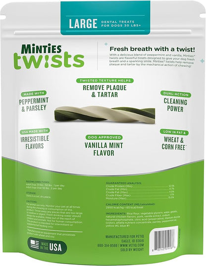 Minties Dental Twists for Dogs, Vet-Recommended Vanilla-Flavored Dental Chews, Dental Treats Clean Teeth, Fight Bad Breath and Removes Plaque and Tartar, Green, 12 Ounce (Pack of 1)
