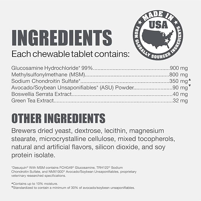 Nutramax Dasuquin with MSM Joint Health Supplement for Large Dogs - With Glucosamine, MSM, Chondroitin, ASU, Boswellia Serrata Extract, and Green Tea Extract, 84 Chewable Tablets