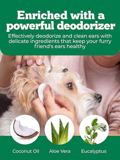 120ct Pet Ear Wipes for Dogs w/Itch Relief | Natural Coconut Oil, Eucalyptus & Aloe | Irritation Relief, Easy Otic Wax Cleaner Solution Pets