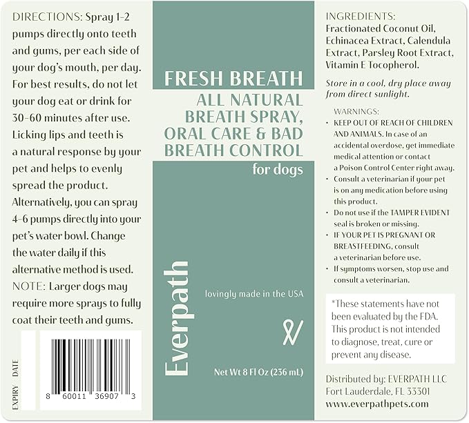 Everpath 2024 Upgraded Pet Fresh Breath Spray - 8 Fluid Ounces/236mls | Made in The USA | Enhances Dental and Gum Wellness | Supports Oral Care and Control Bad Breath | Natural Solution for Pets