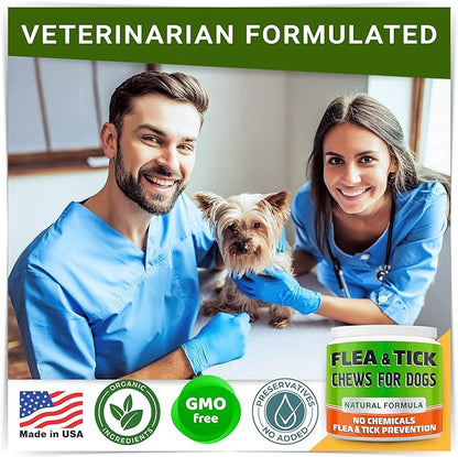 Natural Flea & Tick Prevention for Dogs Chewable Tablets - Flea & Tick Control Supplement - Oral Flea Pills for Dogs - All Breeds and Ages - Soft Chews Made in USA