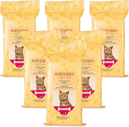 Burt's Bees for Pets Anti-Hairball Cat Wipes - Grooming Cat Wipes for Hairball Control - Cruelty Free, Formulated without Sulfates and Parabens, pH Balanced for Cats, 50 Count, 6-Pack