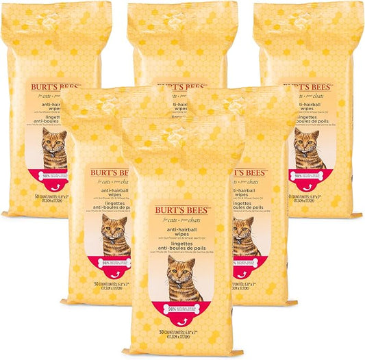Burt's Bees for Pets Anti-Hairball Cat Wipes - Grooming Cat Wipes for Hairball Control - Cruelty Free, Formulated without Sulfates and Parabens, pH Balanced for Cats, 50 Count, 6-Pack