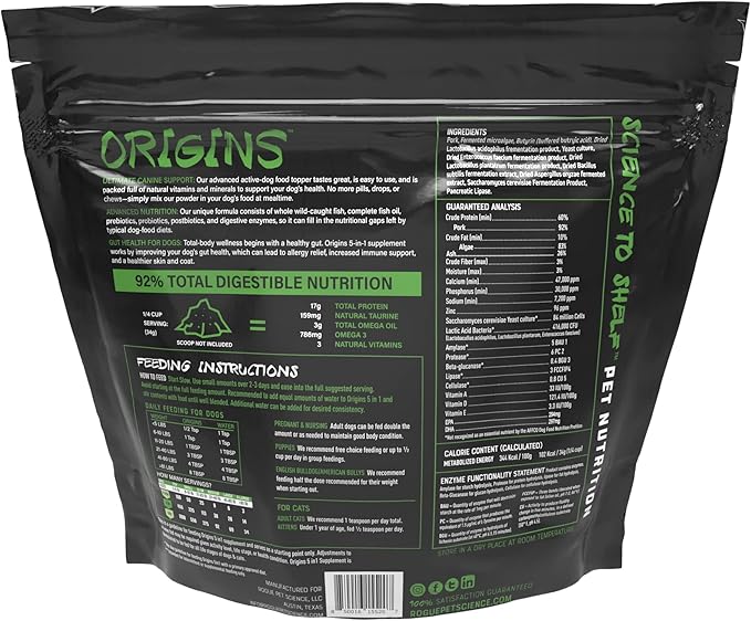 Origins 5-in-1 Dog Supplement - Powdered Food Topper w/Natural Heirloom Pork Protein- Supports Healthy Digestion, Skin, and Coat - Helps Reduce Itching & Joint Inflammation (5 lbs)