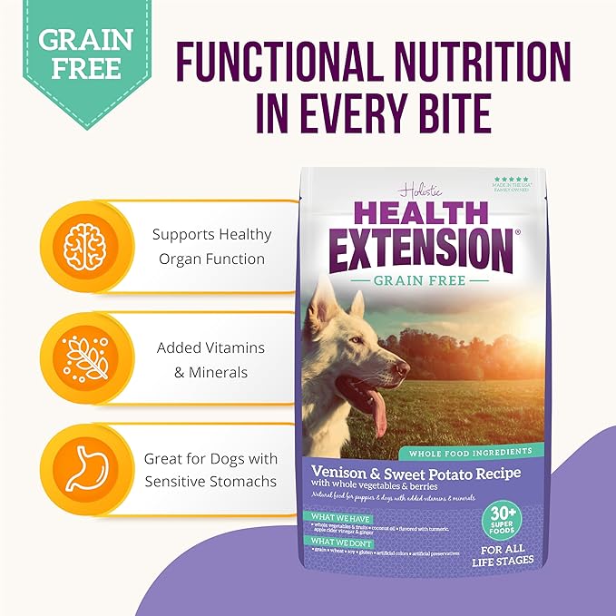 Health Extension Dry Dog Food, Natural Food with added Vitamins & Minerals, Suitable for All Puppies, Grain Free, Venison & Sweet Potato Recipe with Whole Vegetable & Berries (23.5 Pound)