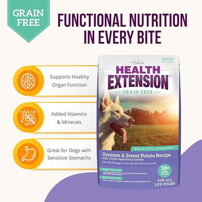 Health Extension Dry Dog Food, Natural Food with added Vitamins & Minerals, Suitable for All Puppies, Grain Free, Venison & Sweet Potato Recipe with Whole Vegetable & Berries (23.5 Pound)