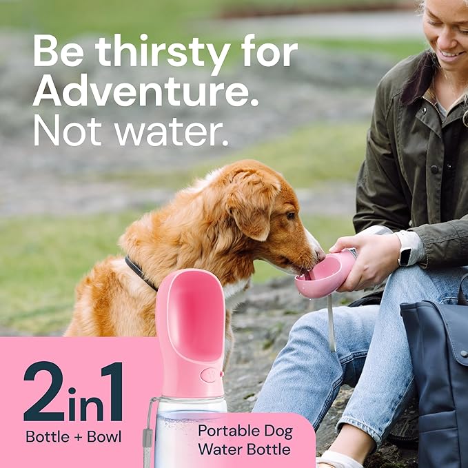 MalsiPree Dog Water Bottle Portable – Leak Proof and Lightweight Water Bottle for Dogs – Dog Travel Water Bottle with Bowl – Dog Walking Accessories (12OZ, Pink)
