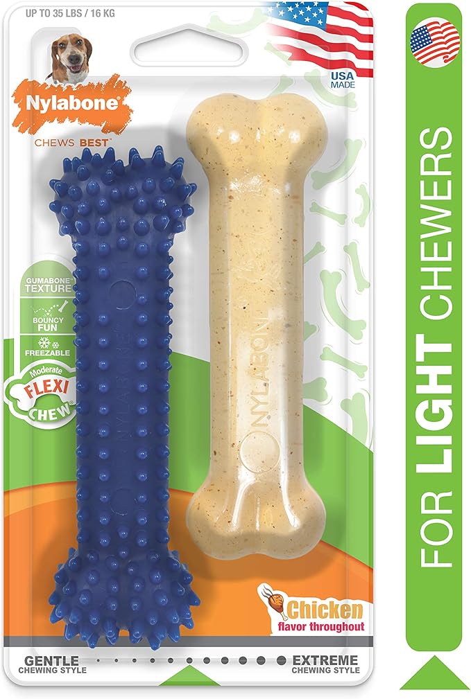 Nylabone Dental Chew and Flexi Bone Combo Pack Dog Chew Toys Chicken Flavor Medium/Wolf - Up to 35 lbs.