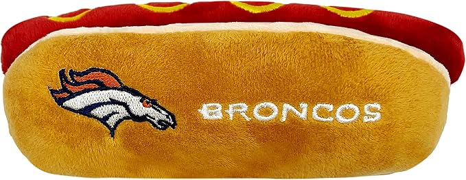 Pets First NFL Denver Broncos HOT Dog Plush Dog & CAT Squeak Toy - Cutest HOT-Dog Snack Plush Toy for Dogs & Cats with Inner Squeaker & Beautiful Football Team Name/Logo, 8 x 5 x 3 Inches (DEN-3354)