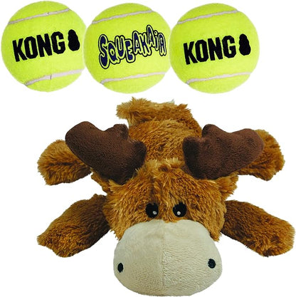 KONG Cozie Marvin The Moose and 3 SqueakAir Balls - Fun, Interactive Dog Toys - Balls for Fetch & Soft, Sturdy Toy for Indoor Play - for Medium Dogs