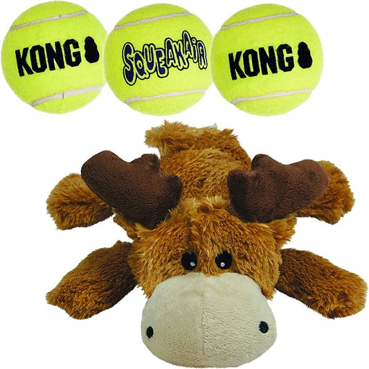 KONG Cozie Marvin The Moose and 3 SqueakAir Balls - Fun, Interactive Dog Toys - Balls for Fetch & Soft, Sturdy Toy for Indoor Play - for Small Dogs