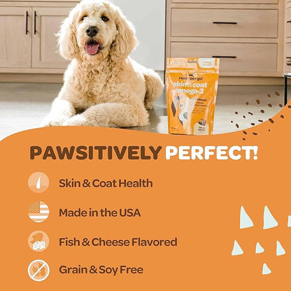 Healthy Dog Skin and Coat Supplement | Nourishing Omega 3 Fish Oil for Dogs Skin and Coat Plus Heart and Joint Support with EPA DHA & Vitamin E | Mange Allergy & Itchy Skin Relief for Dogs | 90 Chews