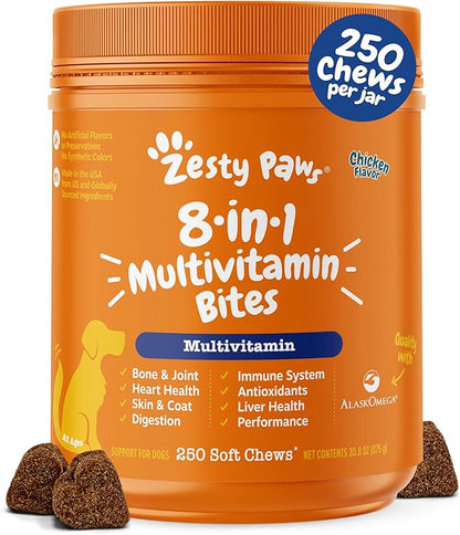 Zesty Paws Multivitamin Treats for Dogs - Glucosamine Chondroitin for Joint Support + Digestive Enzymes & Probiotics - Grain Free Dog Vitamin for Skin & Coat + Immune Health - 250 Count