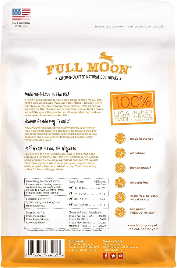 Full Moon Chicken Jerky Healthy All Natural Dog Treats Human Grade Made in USA Grain Free 6 oz