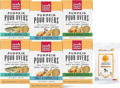 Variety Pack (6) Honest Kitchen Pumpkin Pour Overs Wet Dog Food Topper (2) Chicken (2) Salmon (2) Turkey (5.5-oz Each) with AuroraPet Wipes