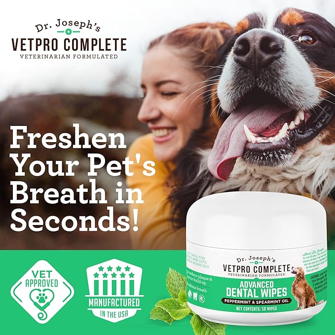 Dr. Joseph’s VetPro Advanced Dog Dental Wipes, 50 Count, Easy Teeth Cleaner for Dogs and Cats with Peppermint and Spearmint, Freshens Breath, Reduces Tartar