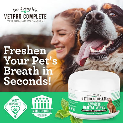 Dr. Joseph’s VetPro Advanced Dog Dental Wipes, 50 Count, Easy Teeth Cleaner for Dogs and Cats with Peppermint and Spearmint, Freshens Breath, Reduces Tartar