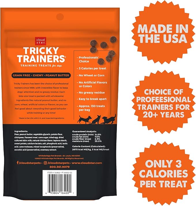Cloud Star Tricky Trainers Soft & Chewy Dog Training Treats 5 oz Pouch, Peanut Butter Flavor, Grain-Free Low Calorie Behavior Aid with 130 treats