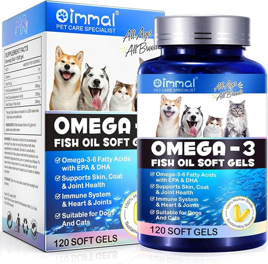 Omega-3 Pet, Salmon Oil Soft Gels for Dogs and Cats (120pcs)- Skin and Coat Health Supplement with EPA & DHA Fatty Acids, Omega-3 Fish Oil Pills Treats for Pet Shedding, Skin Allergy, Itch Relief