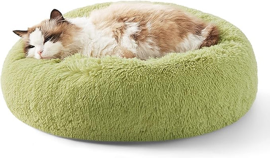 Bedsure Calming Cat Bed for Indoor Cats - Small Washable Round Cat Bed, Anti-Slip Fluffy Plush Faux Fur Pet Bed, Fits up to 15 lbs Pets, Green, 20 inches