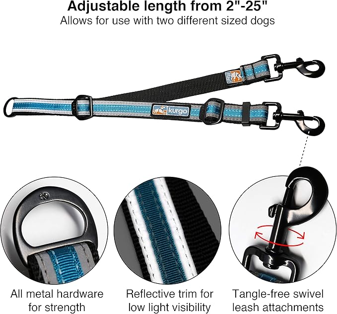Kurgo Double Dog Leash Extender, Two Dog Lead, Dual Leashes for Dogs, Leash Coupler, Adjustable, Reflective, Tangle-Free, Coastal Blue