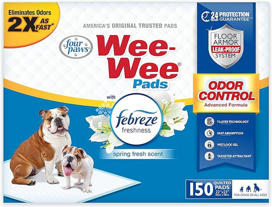Four Paws Wee-Wee Odor Control with Febreze Freshness Pee Pads for Dogs of All Sizes, Leak-Proof Floor Protection Dog & Puppy Quilted Potty Training Pads, Spring Fresh Scent, 22" x 23" (150 Count)