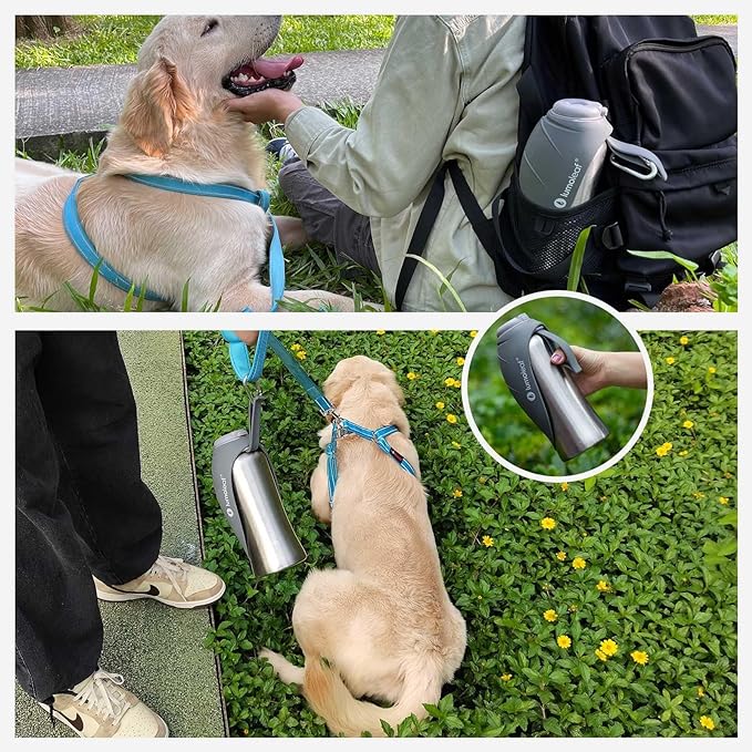 LumoLeaf Portable Dog Water Bottle 27 OZ, Stainless Steel Pet Travel Water Bottle Dispenser for Walking, Hiking and Outdoor, Portable Water Bowl for Large Dogs (Grey)