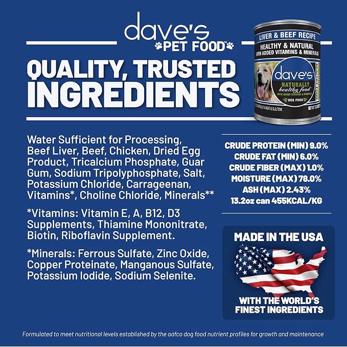 Dave's Pet Food Wet Dog Food (Liver & Beef), Made in USA Naturally Healthy Canned Dog Food, Added Vitamins & Minerals, Wheat & Gluten-Free, 13.2 oz Cans (Case of 12 pk)