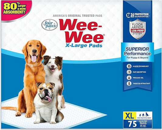 Four Paws Wee-Wee Superior Performance XL Pee Pads for Extra Large Dogs, Leak-Proof Floor Protection Dog & Puppy Quilted Potty Training Pads, Unscented, 28" x 34" (75 Count)
