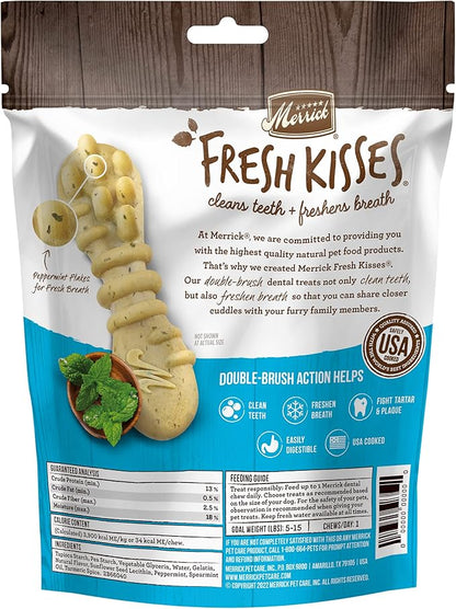 Merrick Fresh Kisses Natural Dental Chews Toothbrush Treat Shape Infused With Real Mint For Tiny Dogs 5-15 Lbs - 33 ct. Bag