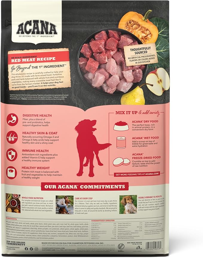 ACANA Grain Free Dry Dog Food, Red Meat Recipe, 13lb