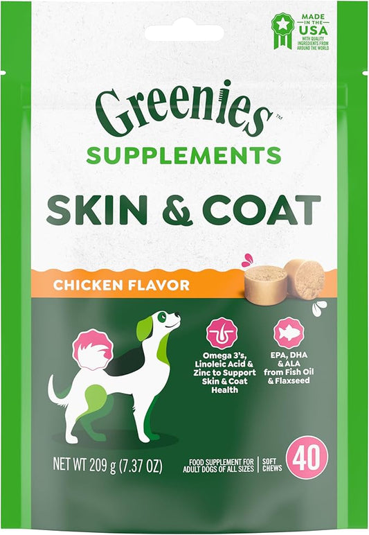 Greenies Supplements Dog Skin and Coat Supplements with Fish Oil & Omega 3 Fatty Acids, Chicken Flavor, 40 Count Soft Chews, 7.37 oz