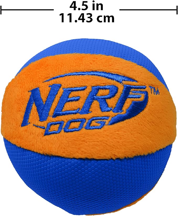 Nerf Dog Trackshot Ball Dog Toy with Interactive Squeaker and Crunch, Lightweight, Durable and Water Resistant, 4.5 Inches, For Medium/Large Breeds, Single Unit, Blue/Orange