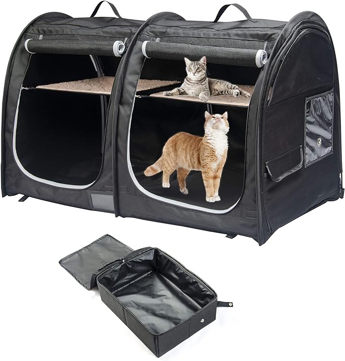 Mispace Portable Twin Compartment Show House Cat Cage/Condo - Easy to Fold & Carry Kennel - Comfy Puppy Home & Dog Travel Crate with Portable Carry Bag/Two Hammocks/Mats and Collapsible Litter Box