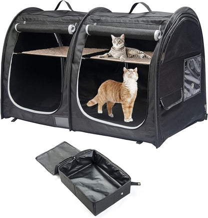 Mispace Portable Twin Compartment Show House Cat Cage/Condo - Easy to Fold & Carry Kennel - Comfy Puppy Home & Dog Travel Crate with Portable Carry Bag/Two Hammocks/Mats and Collapsible Litter Box
