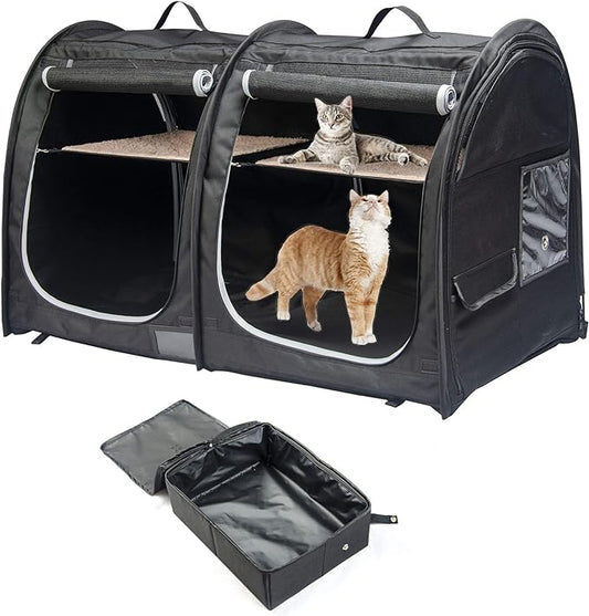 Mispace Portable Twin Compartment Show House Cat Cage/Condo - Easy to Fold & Carry Kennel - Comfy Puppy Home & Dog Travel Crate with Portable Carry Bag/Two Hammocks/Mats and Collapsible Litter Box
