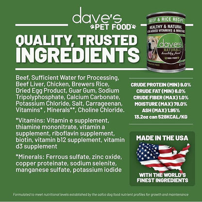 Dave's Pet Food Wet Dog Food (Beef & Rice), Made in USA Naturally Healthy Canned Dog Food, Added Vitamins & Minerals, Wheat & Gluten-Free, 13.2 oz Cans (Case of 12 pk)